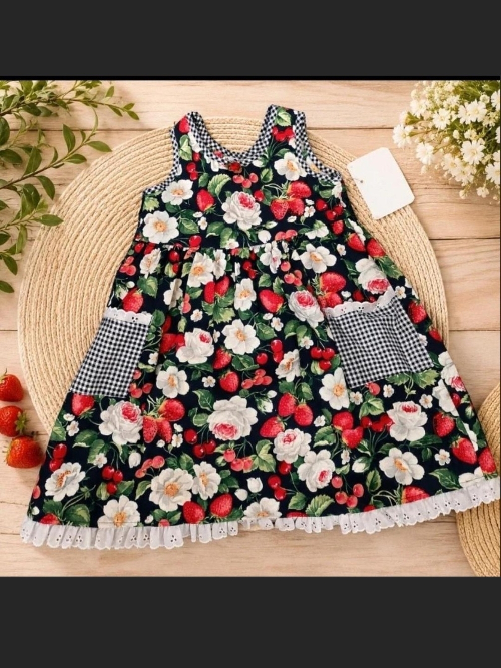 Zoey ~ Girls 6X Strawberry Cherry Floral Cotton Dress Cottagecore Gingham NWT